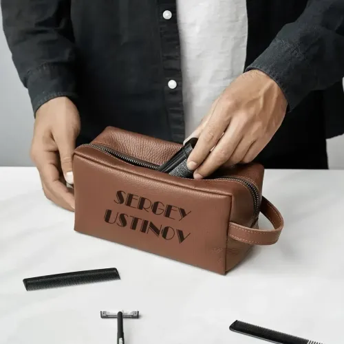 Кожаный несессер с гравировкой, цвет рыжий