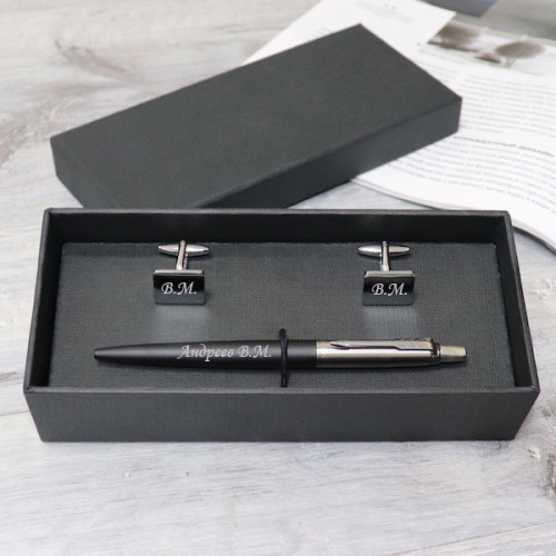 Подарочный набор ручка Parker c гравировкой и запонки "Royal"