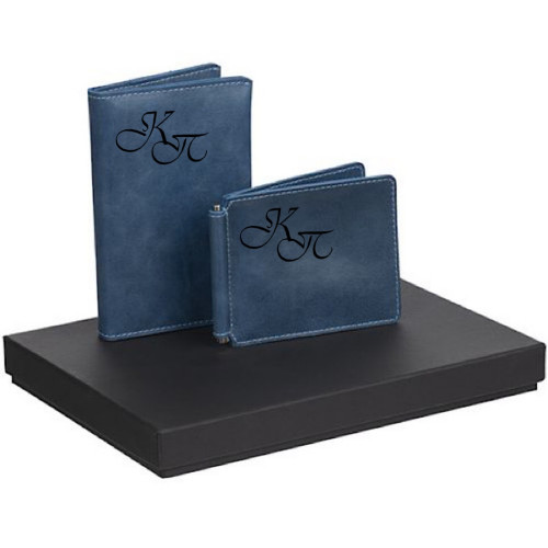 Обложка для паспорта+зажим для денег с гравировкой Billfold из кожи, синий