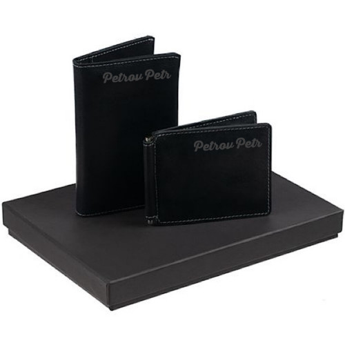 Обложка для паспорта+зажим для денег с гравировкой Billfold из кожи, черный