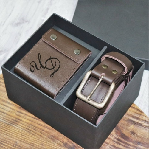 Подарочный набор ремень и портмоне с персональной гравировкой "Империал", цвет коричневый