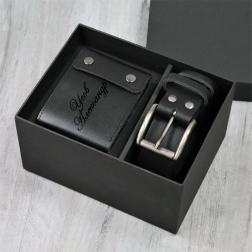 Подарочный набор ремень и портмоне с персональной гравировкой "Империал", цвет черный