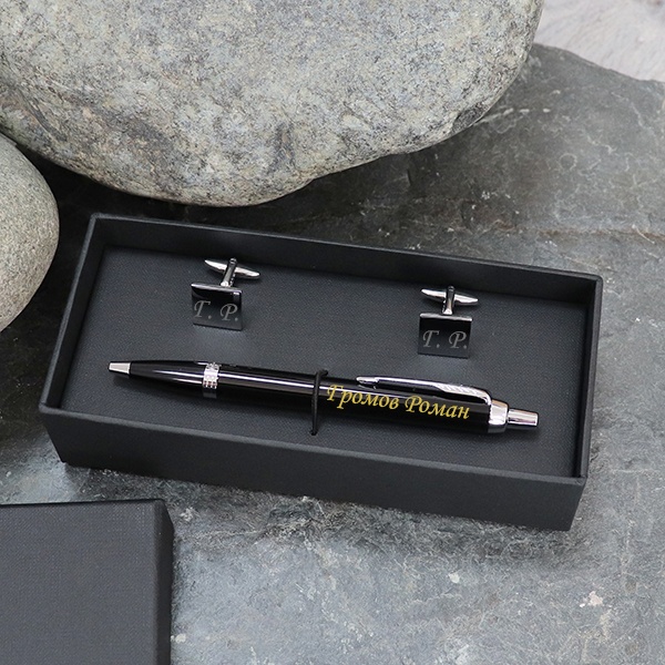 Набор ручка и запонки с гравировкой в черной коробке